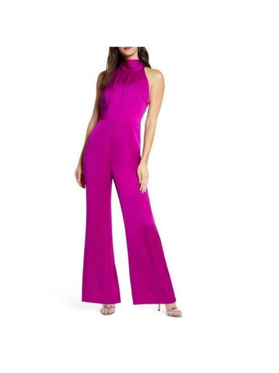 Harlyn Pants - HARLYN Tie Back High Neck Satin Jumpsuit Size S Magenta Event Cocktail Wedding